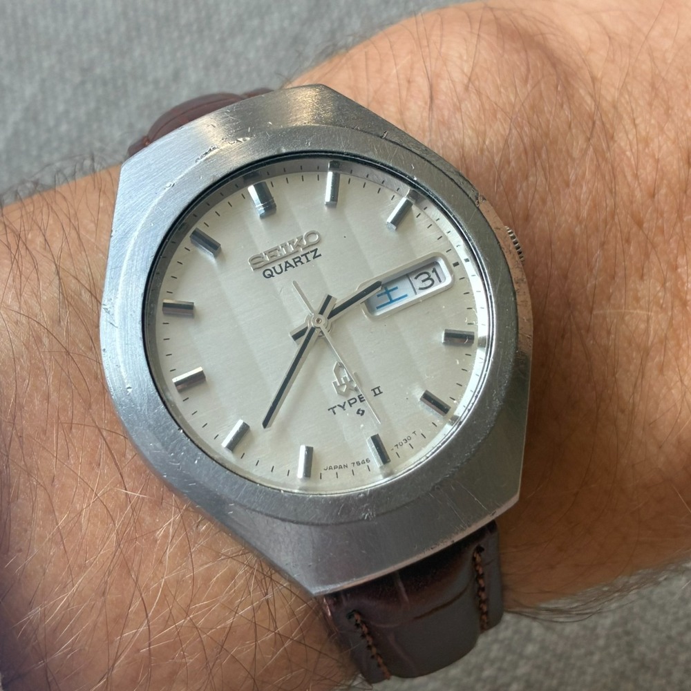 Vintage Seiko Type II Quartz Men's Watch 36mm Stainless Steel Day Date 7546-7020